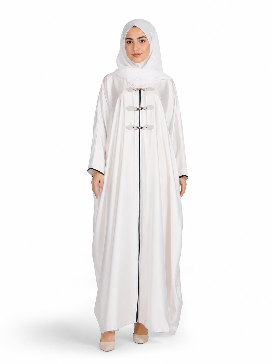 Ivory Satin Frog Button Front Open Abaya